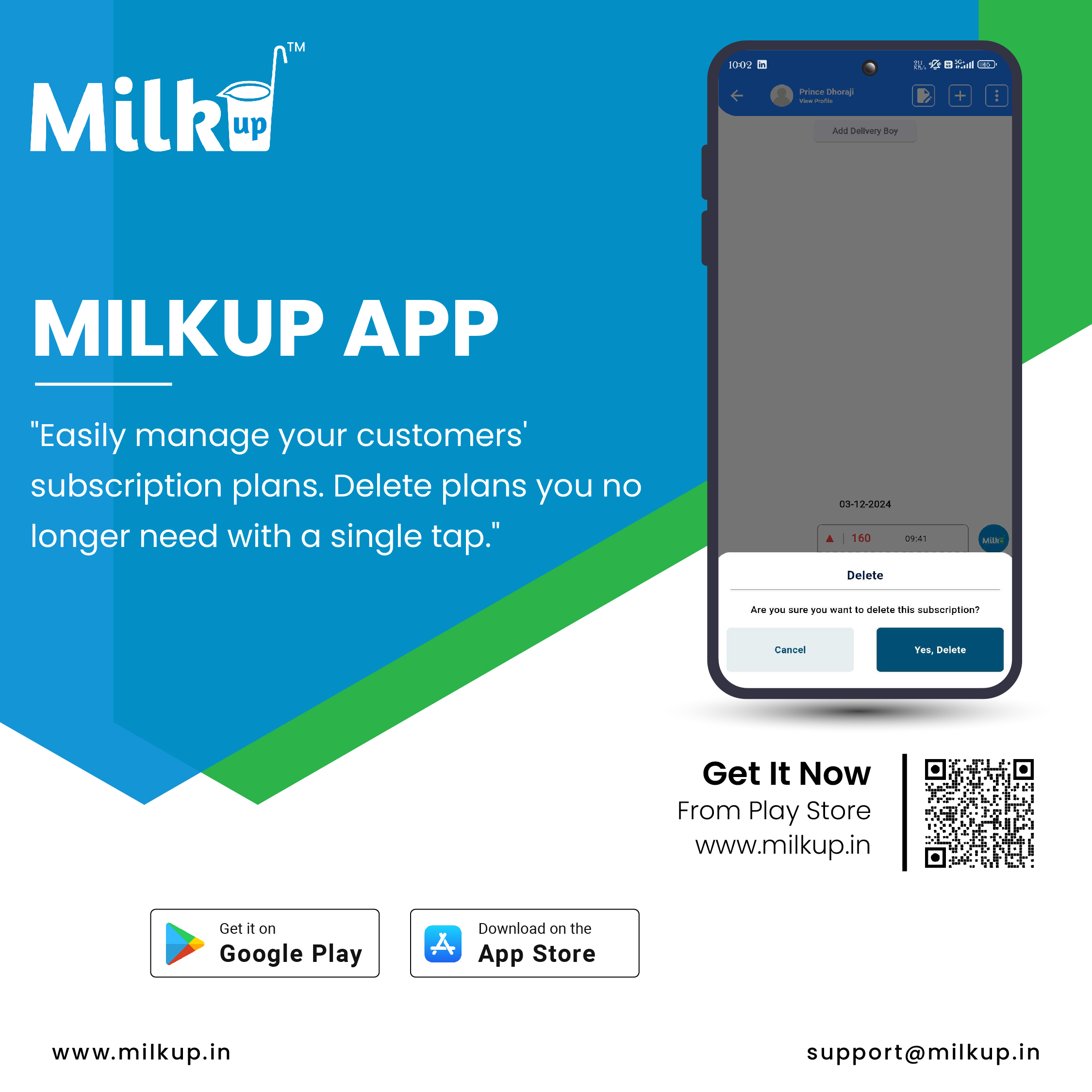 "Manage and Delete Customer Subscriptions in Milkup Vendor Application"