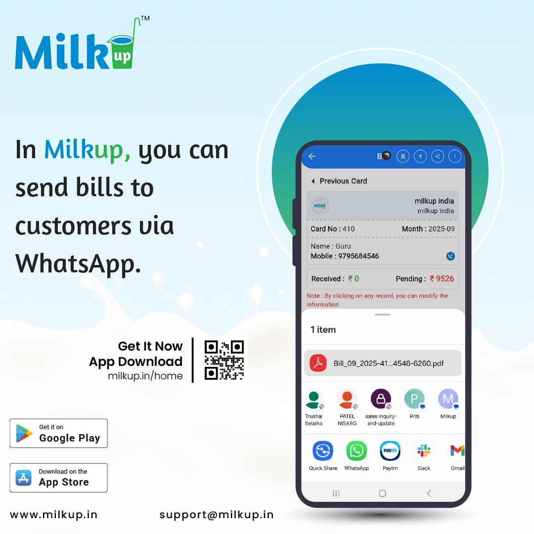 Now with MilkUp, you can send bills to your customers via WhatsApp.